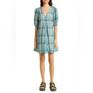 GANNI Plaid Puff Sleeve Mini Dress Size 38 / US 6 Green Blue Check V-Neck